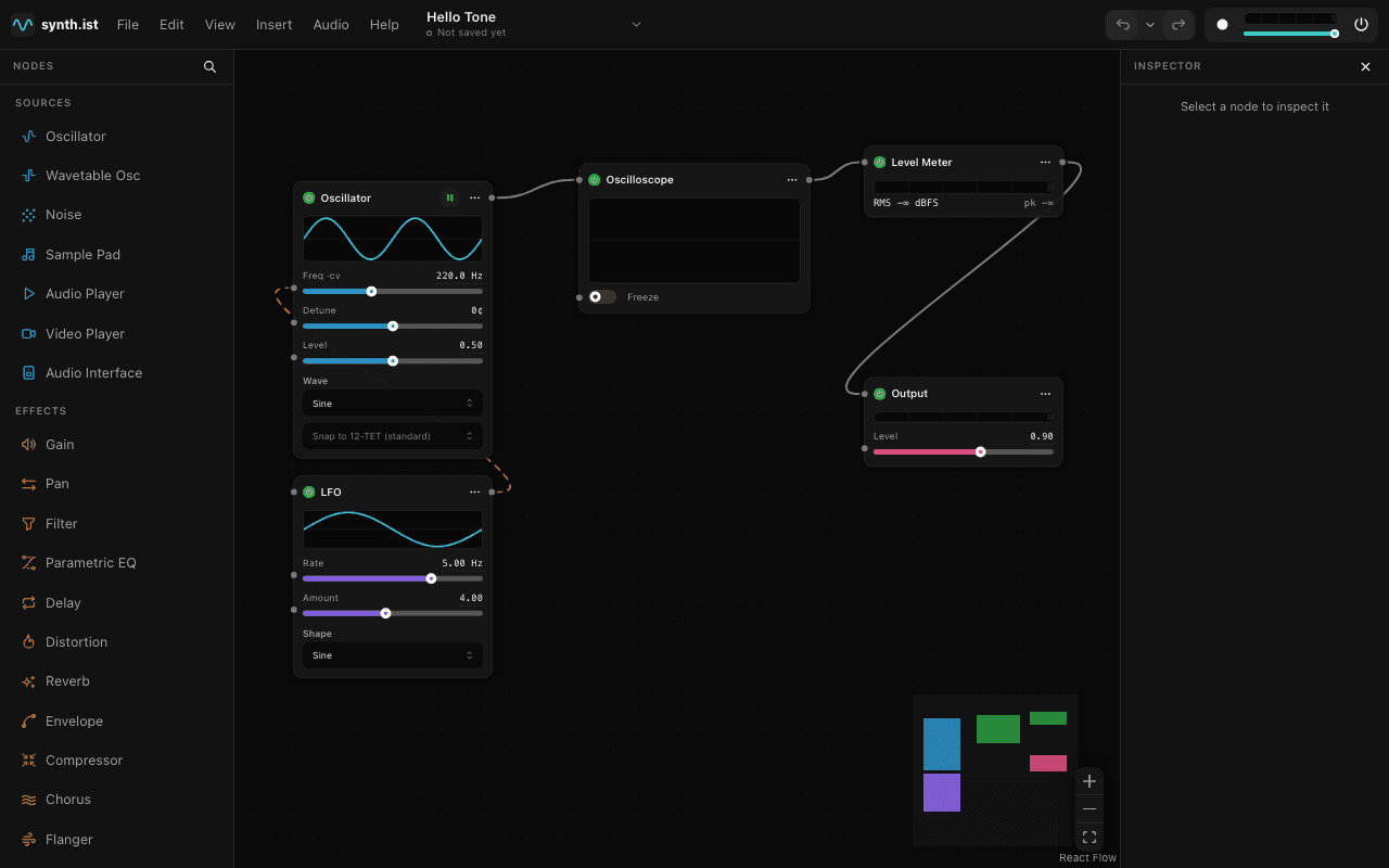The synth.ist canvas: an oscillator patched into an oscilloscope, level meter and output, with an LFO modulating its pitch